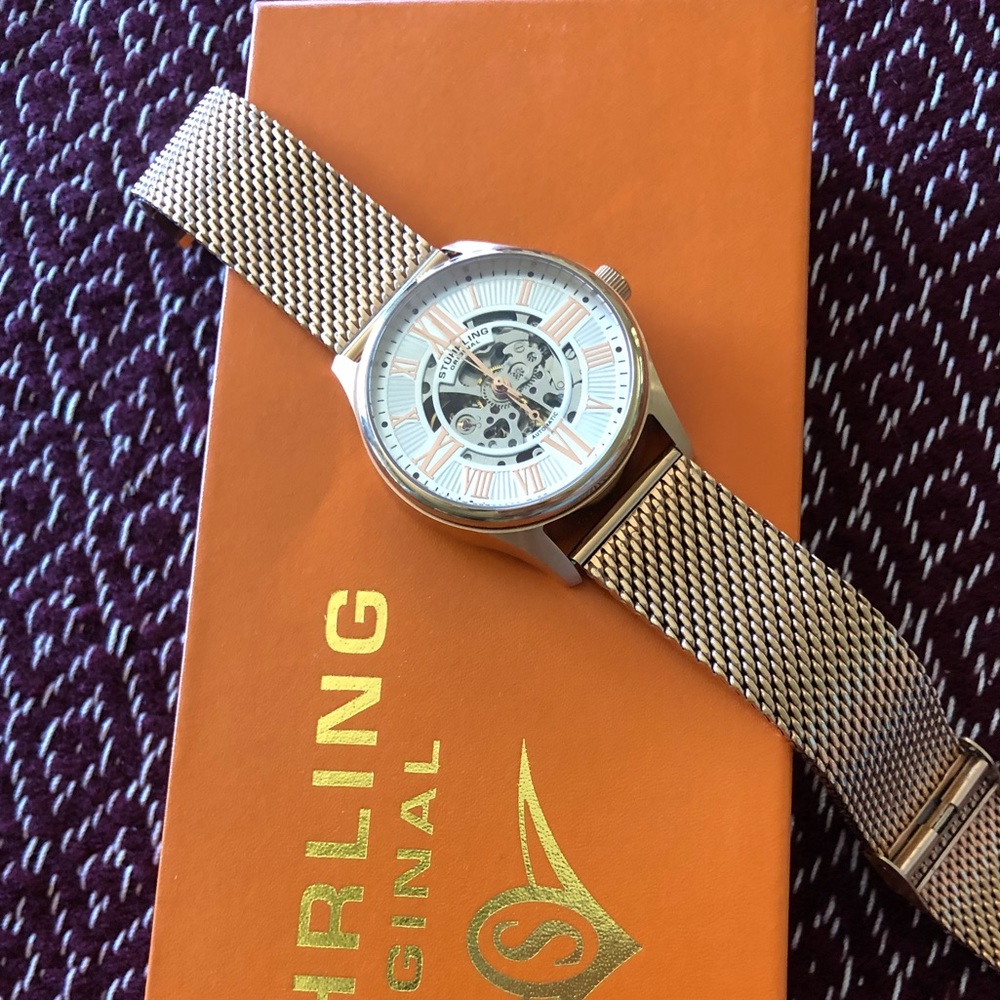 Stainless Steel & Rose Tone Skeletonized Watch